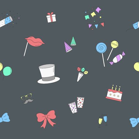 Celebration party background - Vector color seamless pattern of cake, gift, drink, balloon, confetti, hat, fireworks, mask, moustache, lip, candy and etc for graphic designのイラスト素材