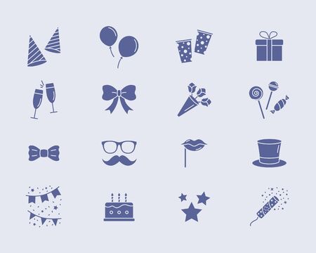 Celebration party Icons set - Vector solid silhouettes of cake, gift, drink, balloon, confetti, hat, fireworks, mask, moustache, lip, candy and etc for the site or interfaceのイラスト素材