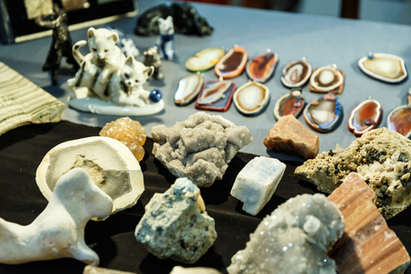 rare gems and minerals on a shelf in a souvenir shop and magicの写真素材
