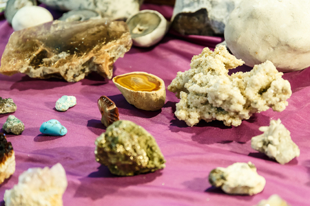rare gems and minerals on a shelf in a souvenir shop and magicの写真素材
