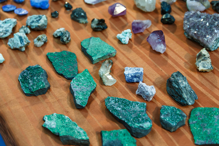 rare gems and minerals on a shelf in a souvenir shop and magicの写真素材