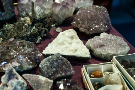 rare gems and minerals on a shelf in a souvenir shop and magicの写真素材
