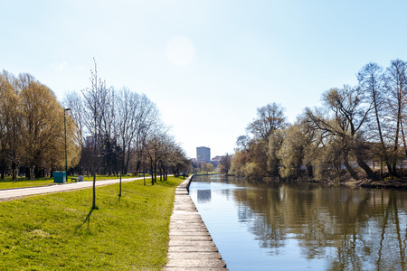 Park in the center of the city in warm sunny weather in early springの写真素材