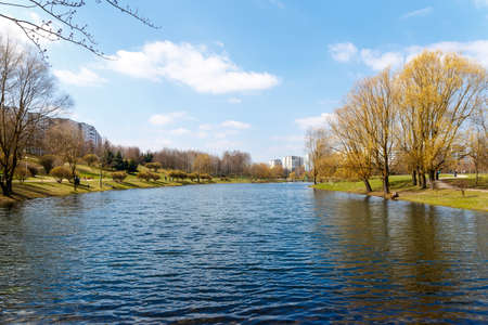 Park in the center of the city in the early spring in warm sunny weatherの写真素材