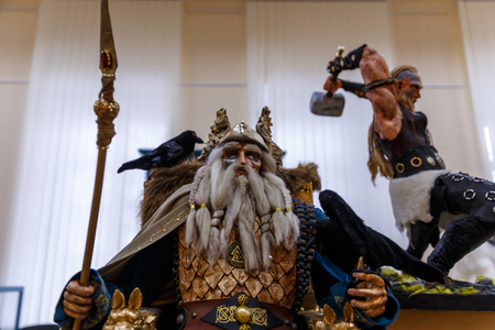 Ancient dolls of Scandinavian gods and monsters, Thor, Heimdall, witches, griffin, dragonの写真素材