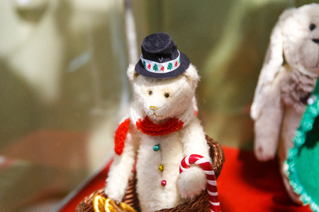 Beautiful teddy bears from around the world stand on the shelf in a toy storeの写真素材