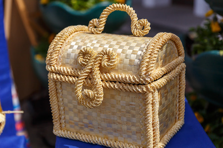 Handmade hay and flax products at the fair of folk art productsの写真素材