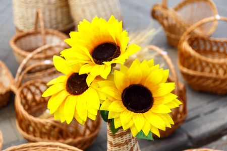 Straw hand baskets at the exhibition-sale of folk art productsの写真素材