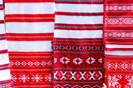 Embroidered towels and handkerchiefs with Belarusian national ornamentの写真素材