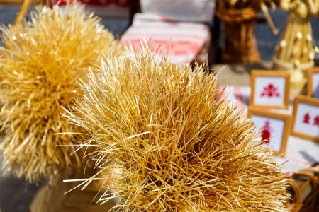 Handmade hay and flax products at the fair of folk art productsの写真素材