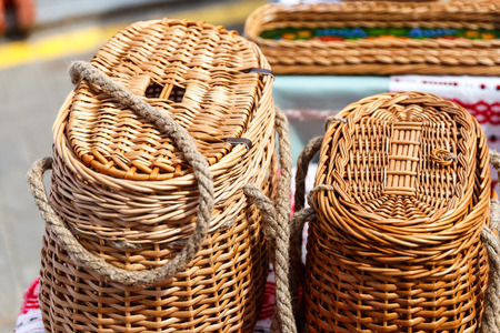 Straw hand baskets at the exhibition-sale of folk art productsの写真素材