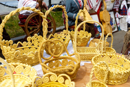 Handmade hay and flax products at the fair of folk art productsの写真素材