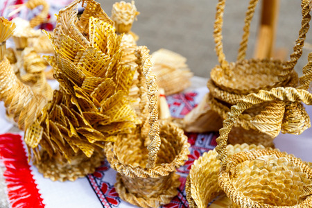 Straw hand baskets at the exhibition-sale of folk art productsの写真素材