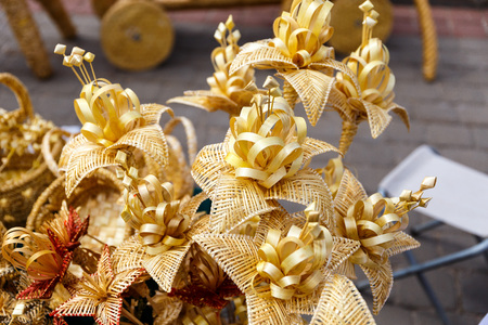 Handmade hay and flax products at the fair of folk art productsの写真素材