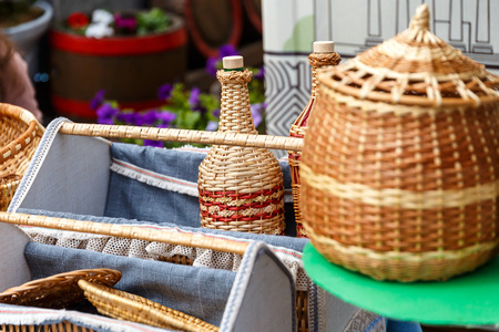 Straw hand baskets at the exhibition-sale of folk art productsの写真素材