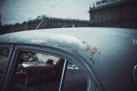 Hood and lights of the old
 Classic retro car at the exhibition of ancient carsの写真素材