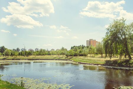 Park with a lake in the center of the city in a hot, sunny summer weatherの写真素材