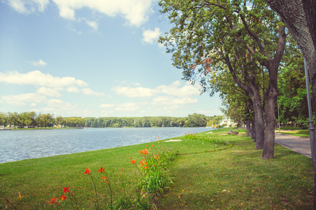 Park in the city center in bright sunny summer weatherの写真素材