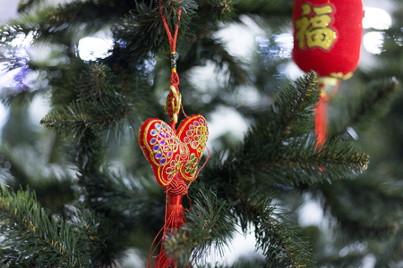 Chinese luck charm of red color hanging on a Christmas treeの写真素材