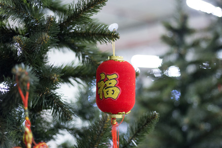 Chinese luck charm of red color hanging on a Christmas treeの写真素材