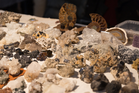 rare minerals of green, red, white in the scientific laboratory