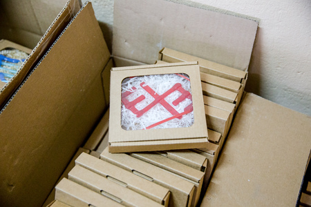 boxes with Christmas-tree toys in the factory of Christmas-tree toysの写真素材