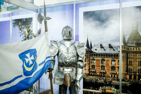 Armour of the medieval knight. Metal protection of the soldier against the weapon of the opponentの写真素材