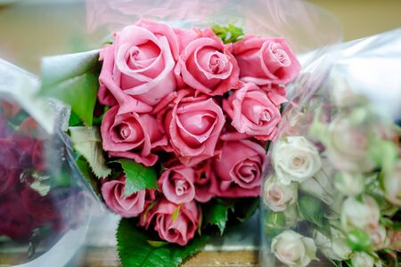 Bunch of fresh roses at flower shopの写真素材