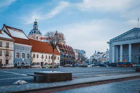 Vilnius, Lithuania - December 27, 2017: People walk along street, popular place of walks and tourist route with scenic city views, numerous attractions, cafes, souvenir shops in Vilniusのeditorial素材