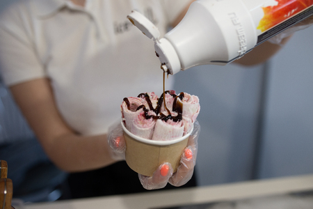 Thai fried rolled ice cream on the street marketの写真素材