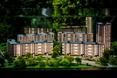 model of residential quarter with houses and carsの写真素材