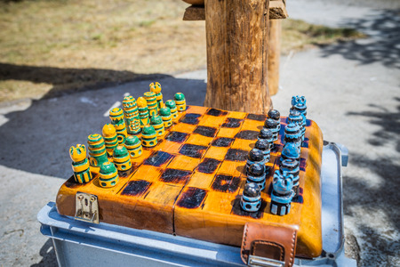 Colorful hand made and decorated chess figurinesの写真素材