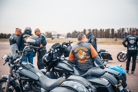 MINSK, BELARUS - 1 OKTOBER, 2018: group of bikers riding American motorbikes Harley Davidson during...