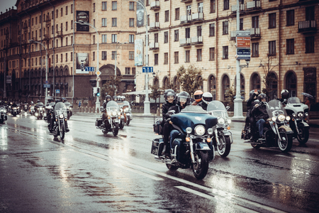 MINSK, BELARUS - 1 OKTOBER, 2018: group of bikers riding American motorbikes Harley Davidson during the motorcycle rallyのeditorial素材