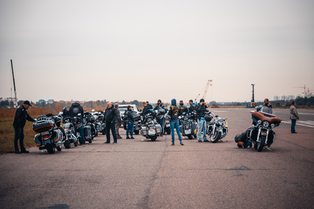 MINSK, BELARUS - 1 OKTOBER, 2018: group of bikers riding American motorbikes Harley Davidson during the motorcycle rallyのeditorial素材