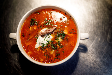 Gentle soup solyanka soup with vegetables and beefの写真素材