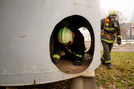 Firefighters The Employees Annual training Fire fightingの写真素材