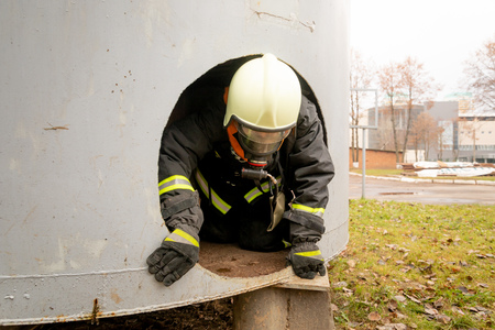 Firefighter young woman, The Employees Annual training Fire fightingの写真素材