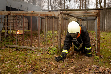Firefighter young woman, The Employees Annual training Fire fightingの写真素材