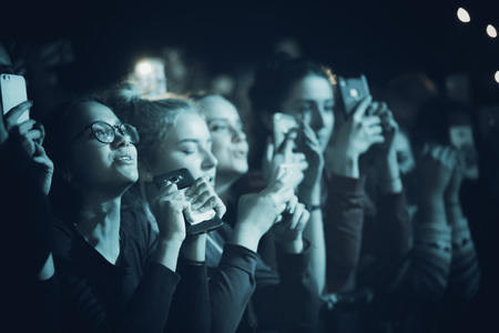 MINSK, BELARUS - 20 SEPTEMBER, 2018: Crowd at concert - retro style photoのeditorial素材