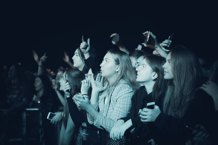 MINSK, BELARUS - 20 SEPTEMBER, 2018: Crowd at concert - retro style photoのeditorial素材