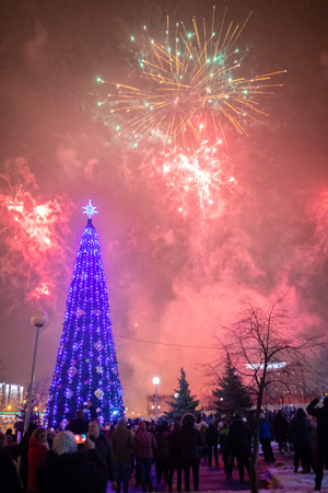 MINSK, BELARUS - 1 JANUARY, 2019: celebration of the new year, salute near the Christmas treeのeditorial素材