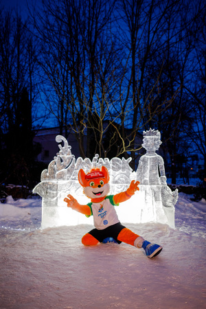 MINSK, BELARUS - 20 JANUARY, 2018: the mascot of the II European games fox Lesik is photographed with adults and childrenのeditorial素材