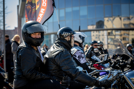 MINSK, BELARUS - 1 MARTH, 2019: group of bikers riding motorbikes during the motorcycle rallyのeditorial素材