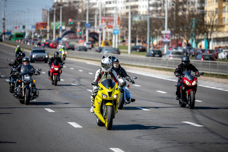 MINSK, BELARUS - 1 MARTH, 2019: group of bikers riding motorbikes during the motorcycle rallyのeditorial素材