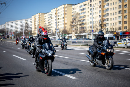 MINSK, BELARUS - 1 MARTH, 2019: group of bikers riding motorbikes during the motorcycle rallyのeditorial素材