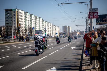MINSK, BELARUS - 1 MARTH, 2019: group of bikers riding motorbikes during the motorcycle rallyのeditorial素材