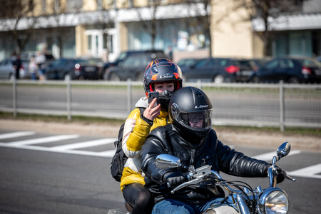 MINSK, BELARUS - 1 MARTH, 2019: group of bikers riding motorbikes during the motorcycle rallyのeditorial素材