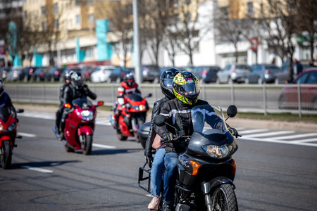MINSK, BELARUS - 1 MARTH, 2019: group of bikers riding motorbikes during the motorcycle rally