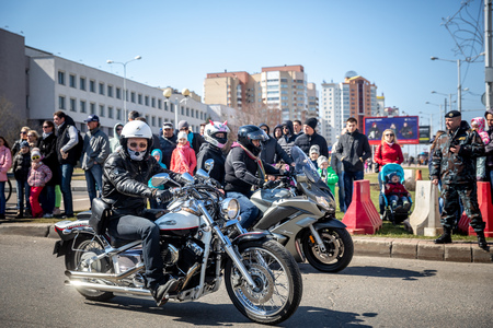 MINSK, BELARUS - 1 MARTH, 2019: group of bikers riding motorbikes during the motorcycle rallyのeditorial素材